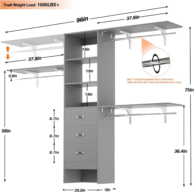 Armocity 96" Wood Closet System with 3 Enclosed Drawers & 3 Solid Shelves, 8FT Adjustable Closet Organizers and Storage, Heavy Duty Modular Wardrobe for Reach-In & Walk-In, 1000 LBS Load, Grey