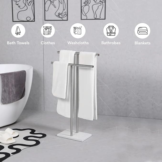 Free Standing Towel Rack for Bathroom - Brushed Nickel Finish - Stand Alone 2 Tier Stainless Steel Towel Rack for Bathroom Floor with Heavy Marble Base, Double T Shape Drying Stand for Towels