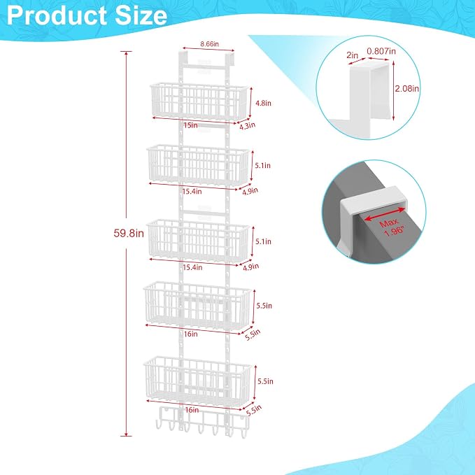 Hongtamoya Over The Door Organizer, Hanging Door Organizer with 5 Metal Baskets, Behind The Door Storage for Pantry Closet Bedroom Bathroom Cabinet Kitchen, White