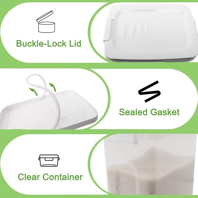 Rice Storage Container 10-15 Lbs, Airtight Flour Dry Food Bin with Scoop | Tight-Lock, Food-Grade Plastic Food Storage Container Dispenser for Cereal, Sugar, Kitchen, Pantry Organizers and Storage