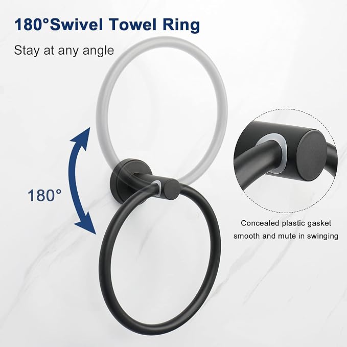NearMoon Bath Towel Ring, Bathroom Hardware Accessories-Thicken Stainless Steel Hand Towel Holder for Bathroom, Modern Round Towel Hanger Wall Mounted (Matte Black, 2 Pack)