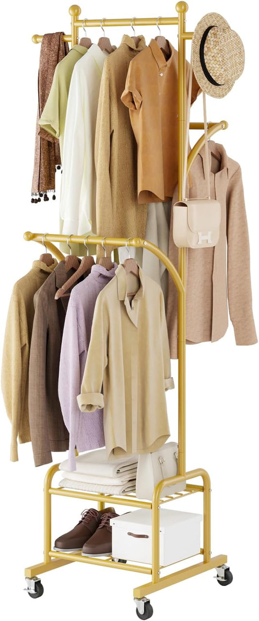 Rolling Clothes Rack with 2 Shelves, Small Gold Clothing Rack with Wheels | Gasvadivum 71" Tall Sturdy Metal Garment Rack with 3 Hanging Rods, Freestanding Portable Coat Rack for Bedroom, Entryway