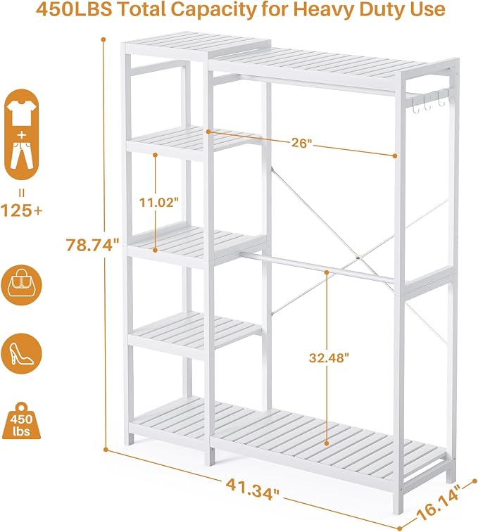 Bamboo Clothes Rack Garment Rack for Hanging Clothes, Heavy Duty Clothing Rack with 7 Tiers Adjustable Shelves, Double Rods, 4 Hooks, Freestanding Closet System Organizer Wardrobe, White