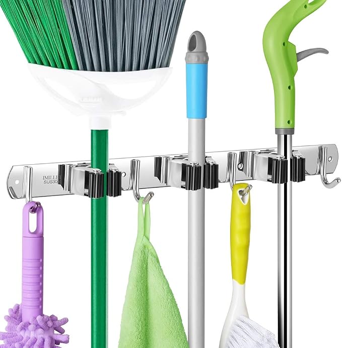 IMILLET Broom Holder Wall Mount, Heavy Duty Garage Organization Mop Hanger | Stainless Steel Broom and Mop Organizer Wall Hanging Self Adhesive for Laundry Room,Garden,Utility
