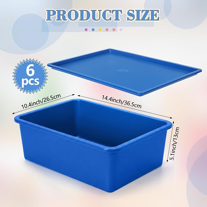 6 Pcs Large Plastic Storage Bins with Lids 14.4 x 10.4 x 5.1 Inch Stackable Storage Containers Decorative Cubby Organizer for Clothes Shelves Garage Closet Office (Colorful)