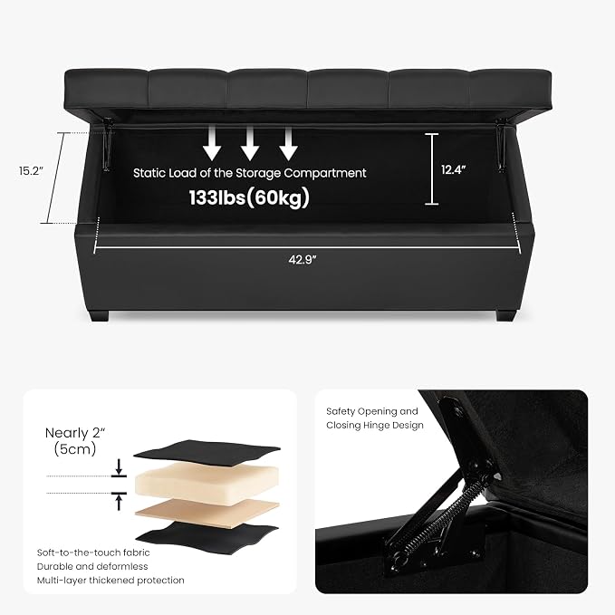 Living&Giving Leather Storage Ottoman Bench for Bedroom, 47.2", Black | 47.2'' faux leather storage ottoman with safety hinge, tufted seat and spacious hidden storage for everyday organization