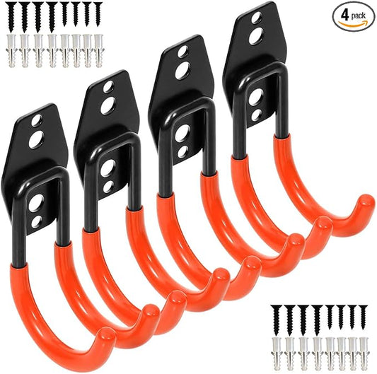 Wall Mount Double Hook,Heavy Duty Steel Garage Storage Utility Hooks with Anti-Slip Coating,Load Capacity 66 LB (4Pack Orange 2.8" Round J Hook)