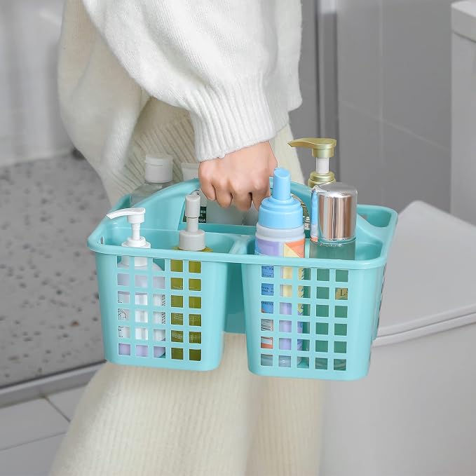 Portable Shower Caddy Basket Plastic Storage Basket with Divided Light Blue | Sturdy Large Capacity Cleaning Supplies Organizer Compartments Tool Bin for Bathroom Kitchen Bedroom College Dorm Essentials