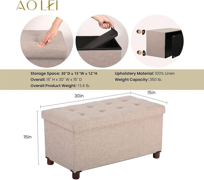 30 Inches Storage Ottoman Bench, Storage Bench with Wooden Legs for Living Room Ottoman Foot Rest Removeable Lid for Bedroom End of Bed, Linen Fabric, Folding Beige Ottoman