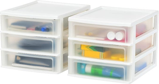 IRIS USA 2-Pack, 3-Drawer Medium Plastic Stacking Desktop Organizer, White | Organize office supplies, stationery, makeup, craft materials and everyday essentials for neat desktop storage