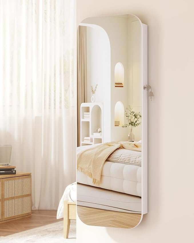 6 LEDs Mirror Jewelry Cabinet Door Hanging, 42.5", Lockable, White | Jewelry Organizer with Full Length Mirror, Wall Mounted Large Jewelry Storage for Earrings, Rings, Necklaces