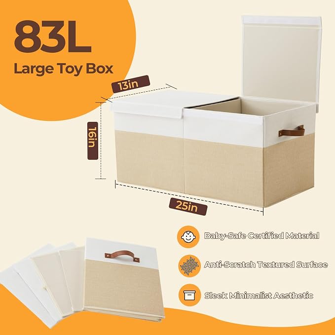 Large Toy Box with Lid,Collapsible Toy Storage with Dividers,Beige | 25"x13"x16",83L Large Capacity,Sturdy Kids Organizer,Toybox,Toy Chest for Boys & Girls,Living Room,Nursery,Bedroom,Playroom