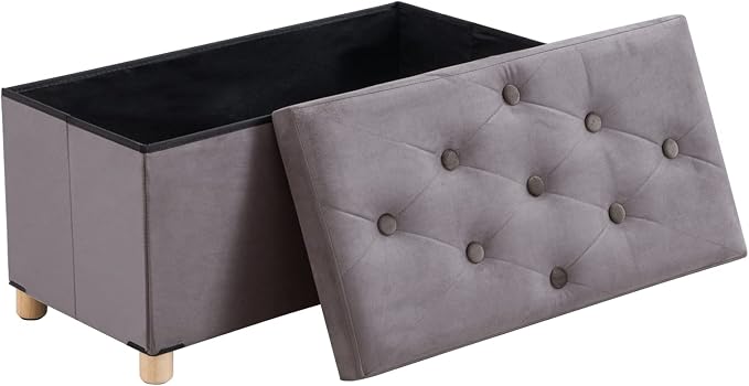 BRIAN & DANY 30 Inches Folding Storage Ottoman Bench, Ottoman with Storage for Living Room, with Wooden Feet and Lid, Grey