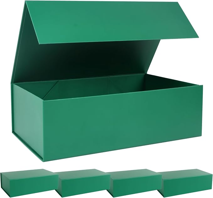 LFBOX Green Christmas Gift Box with Magnetic Lids 5 Pack | Large Bridesmaid Groomsman Proposal Boxes,13.8x8.3x4.4 in, Collapsible Rectangle Storage Box