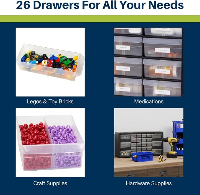 Akro-Mils 26-Drawer Plastic Drawer Storage Cabinet for Garage Organization, Bead Organizer, Building Bricks Storage, Teacher Toolbox, Makeup Organizer, 20-Inch W x 6-Inch D x 10-Inch H, 10124 White