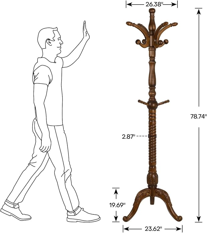 Bekrvio Freestanding Coat Rack Stand with 8 Hooks, 79" | Premium Ash Wood, Heavy Duty Standing Coat Hanger for Entryway, Hallway, Bedroom, Office, Apartment; Hangs Coats, Hats, Bags