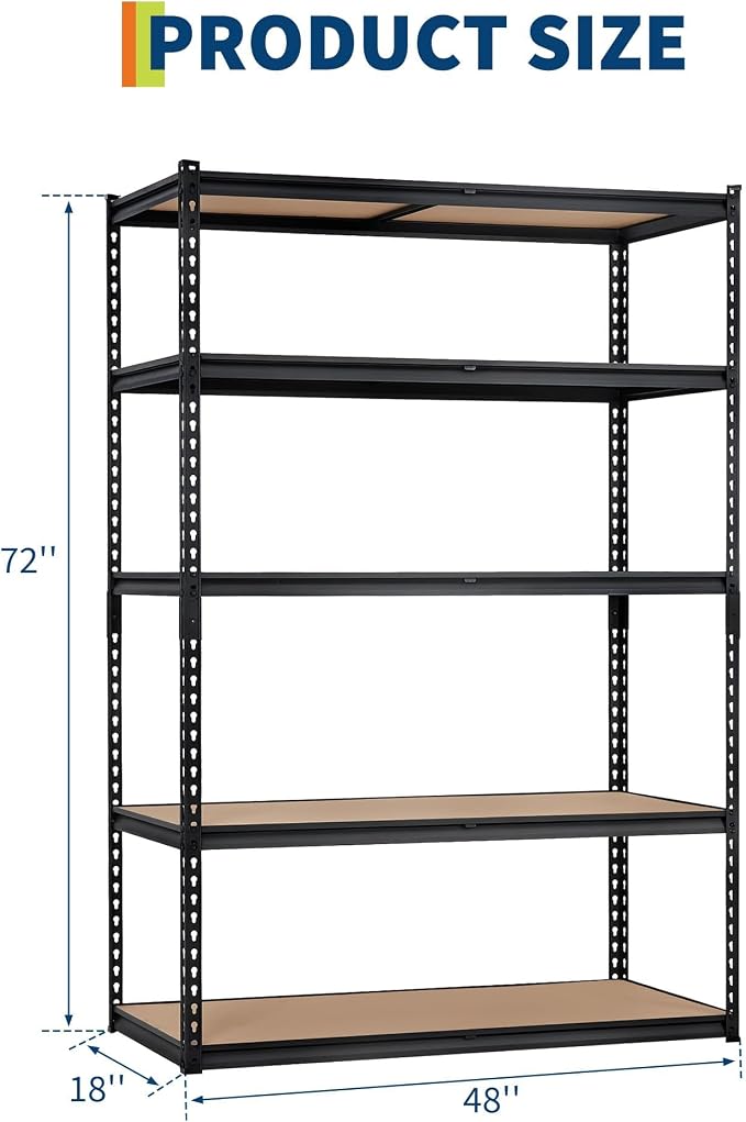 Storage Shelving Unit, 5-Tier Adjustable Metal Storage Shelves, 48" L x 18" W x 72" H Heavy Duty Garage Storage Shelves for Kitchen Pantry Basement Bathroom Laundry