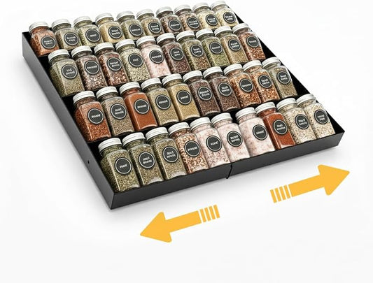 GOENDR Metal Spice Drawer Organizer, 4-Tier Spice Rack for Drawer, Expandable Seasoning Organizer Fits 11.4-22.8” Wide Drawer, Holds up to 48 Spice Jars (Not Included), Black