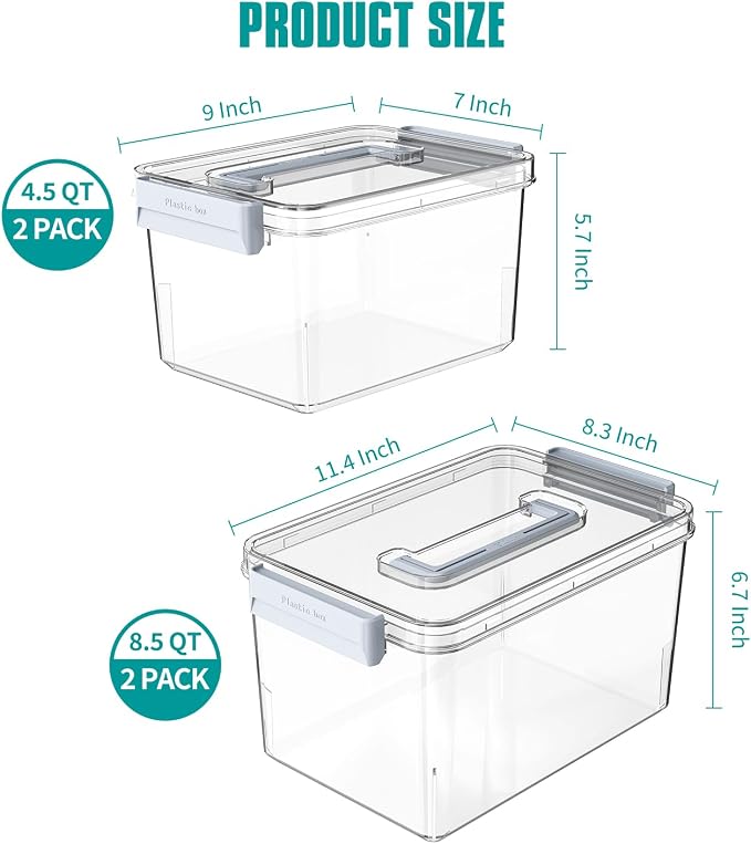 Plastic Storage Bins with Lids Stackable organization and Storage Containers for Organizing Snacks, Crafts, Tools Clear Storage Box with Latching handle(Clear, 2PCS-4.5QT 2PCS-8.5QT)