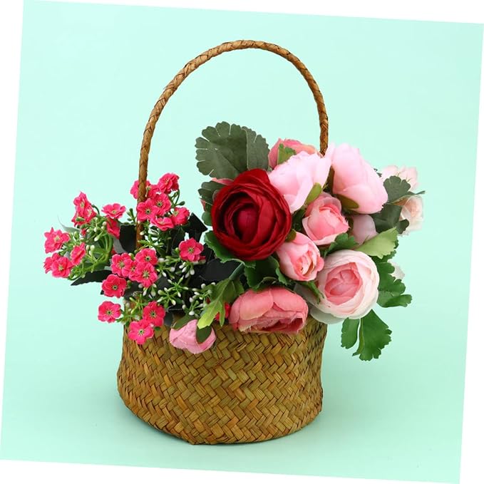 Seagrass Woven Storage Basket Toy Storage Straw Woven Basket Handles Succulent Planter Knitted Flower Desktop Decoration