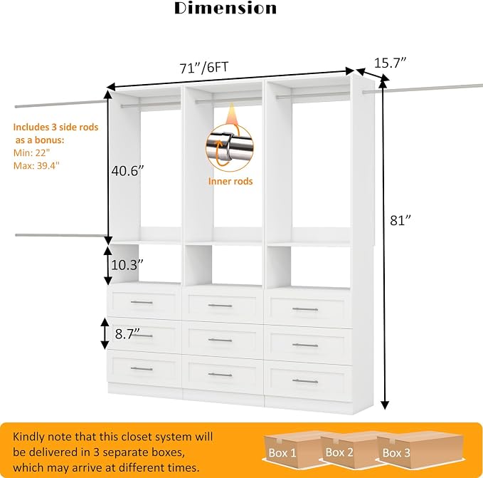 Dilando Closet System with 9 Drawers, 6FT-15FT Closet Organizer System Modular Custom Walk-in Closet Corner Small Freestanding Closets Storage Clothes Rack with 6 Hanging Rods White (6FT)