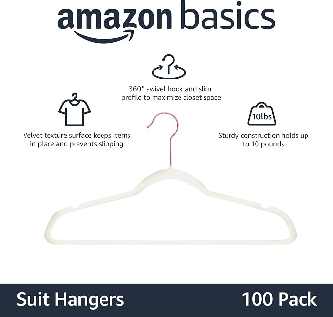 Amazon Basics Slim Velvet Non-Slip Space Saving Suit Clothes Hangers for Closet Organization, Ivory/Rose Gold, 100-Pack