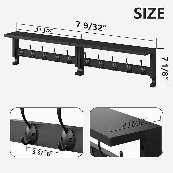 AMBIRD Coat Rack Wall Mount with Shelf, 17.1 Inches Coat Hooks Wall Mounted, Hat Wall Hooks for Hanging in Entryway, Living Room, Bathroom, Bedroom (Black)