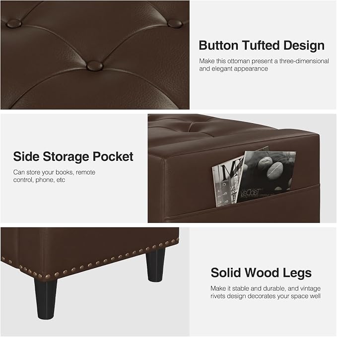 60" Storage Ottoman Bench, Faux Leather Upholstered Bed Bench with Tufted Buttons and Nailhead Trim, Large Ottoman with Storage for King Size End of Bed, Bedroom, Entryway, Hallway (Chocolate)