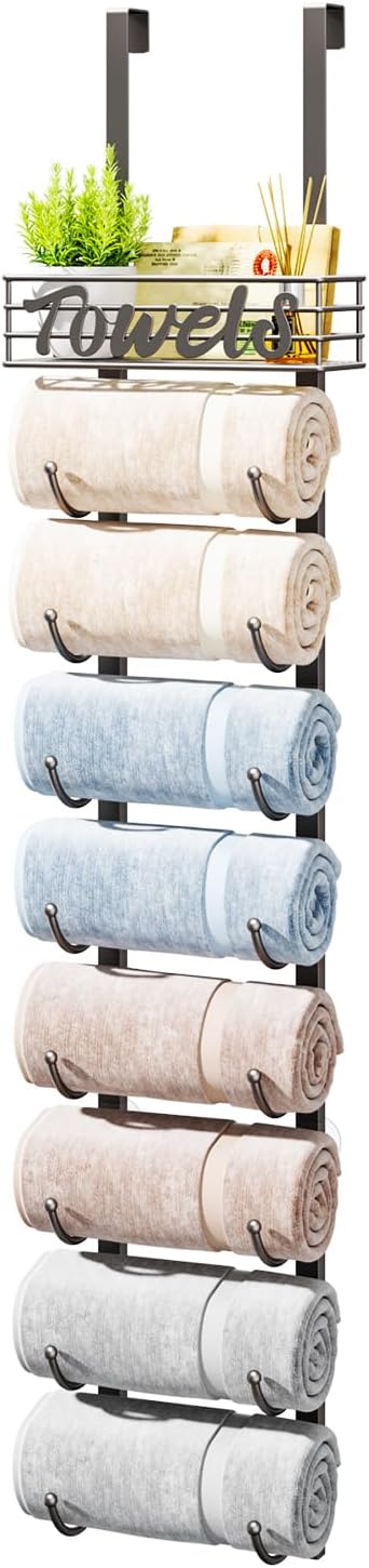 HapiRm Towel Racks for Bathroom Storage - 9 Tier Over The Door & Wall Mount Rolled Towel Storage Organizer Holder with Metal Shelf Basket for Small Bathroom, Camper, Rv - Patented