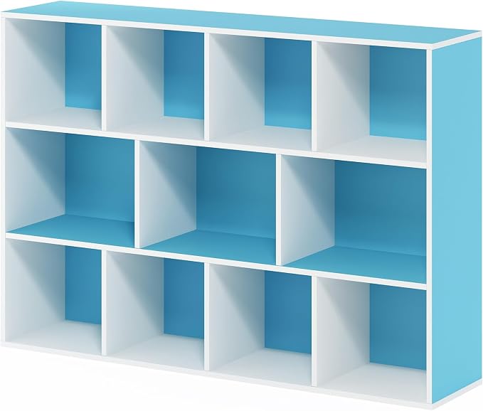 Furinno LUDER Book Shelf, 11-Cube Bookshelf, Reversible Bookcase, 9.4 x 29.1 x 41.7, Easy Assembly, for Living Room, Bedroom, Home Office, White/Light Blue