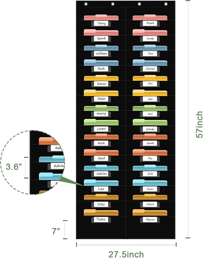 ANCOMEDO 28 Pocket Hanging Wall File Organizer with 28 Name tag Pockets, File Storage Pocket Chart for Classroom and Office Use. Keeps Assignments, Files, Scrapbooks, and Papers Neatly Organized.