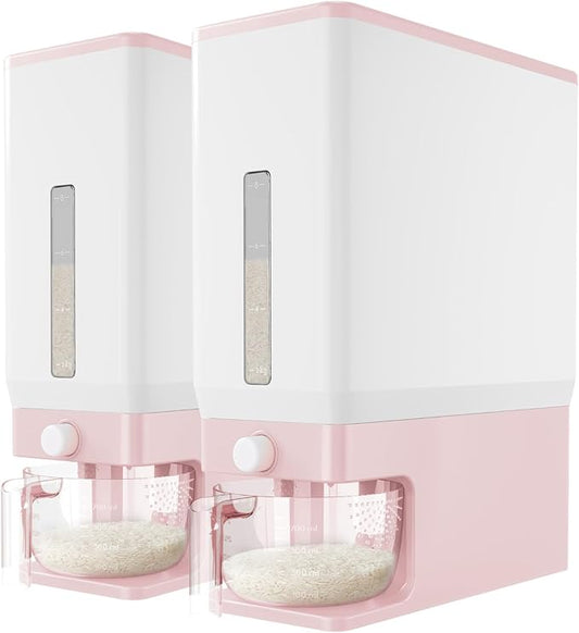 Lifewit 2 Pack Rice Dispenser 25 Lbs(11.3kg), Rice Storage Container Sealed Moisture Proof with Measuring Cup for Kitchen Pantry Household, BPA-Free, Pink
