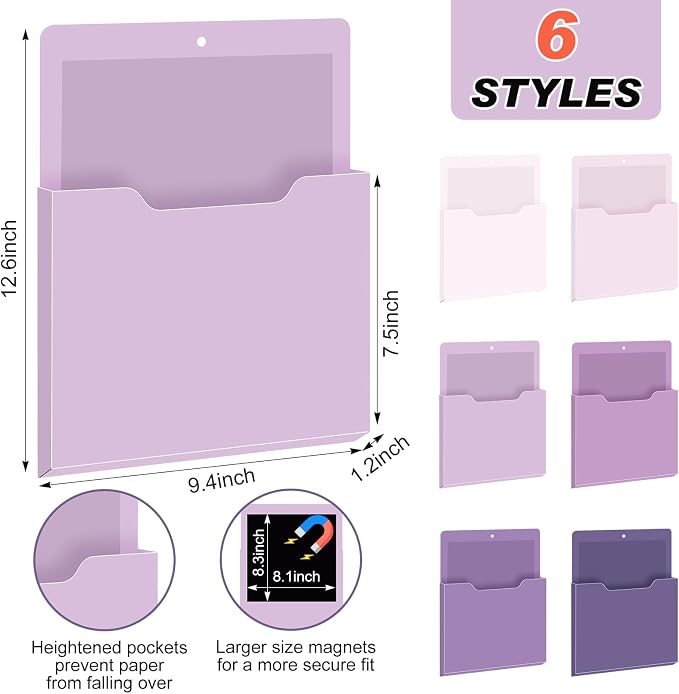 6 Pcs Magnetic Wall File Organizer Magnetic Wall File Holder Refrigerator Magazine Holder for Mail Letters Paper(Violet Color,Vertical-large)