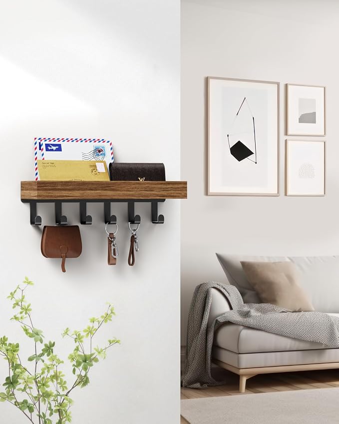 Key Holder Wall Mount Magnetic Adhesive, Key Hooks Rack with Shelf | Key Hanger with Mail Organizer for RV Camper Fridge Living Room Decor, Home Essentials, Rustic