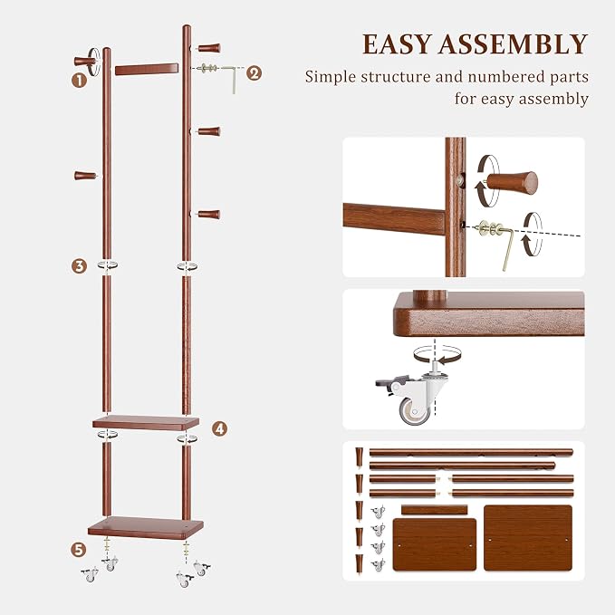 Taitiy Solid Wood Coat Rack Small Freestanding with Wheels 2 Shelves | Small spaces, solid rubberwood construction, 2 shelves and 5 hooks, ideal for bedrooms, entryways, apartments and homes