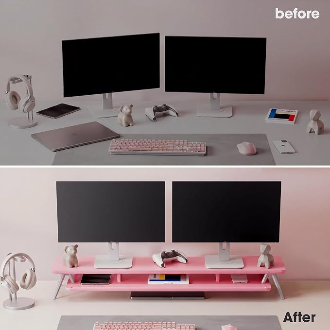 Fenge Dual Monitor Stand Riser, Wooden Desk Shelf with 2-Tier Storage | 42.5-Inch Wide, Sturdy Aluminum Legs, Built-In Phone & Tablet Slot, Desktop Organizer for Office Accessories