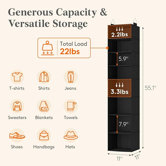 Lifewit 8 Tier Hanging Portable Closet Storage Organizer for Shelves, Gray | Foldable Clothes Shelf with 2 Sturdy Hooks, Sweater/Coat/Shoes Clothing Organization for Wardrobe, Dorm, Bedroom