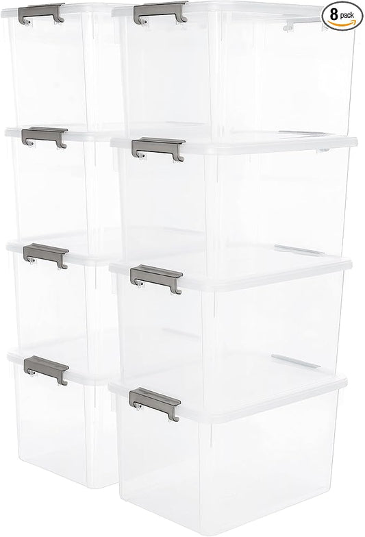 Citylife 32 QT Plastic Storage Bins with Latching Lids Stackable Storage Containers for Organizing Large Clear Storage Box for Garage, Closet, Kitchen, 8 Packs