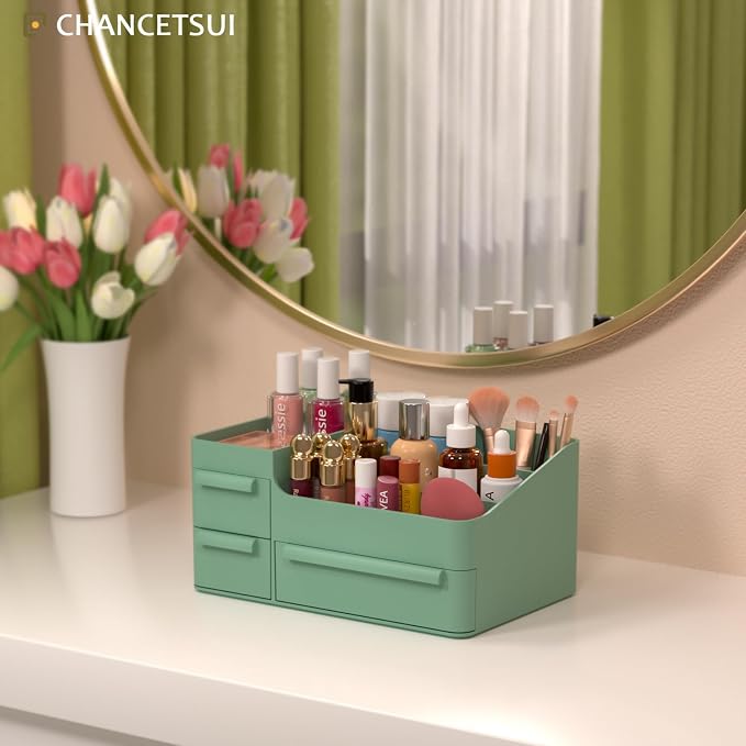 Green Makeup Organizer Countertop for Vanity: Bathroom Counter Storage | Multi Compartment Skincare Box with Drawer for Desktop Dresser Table
