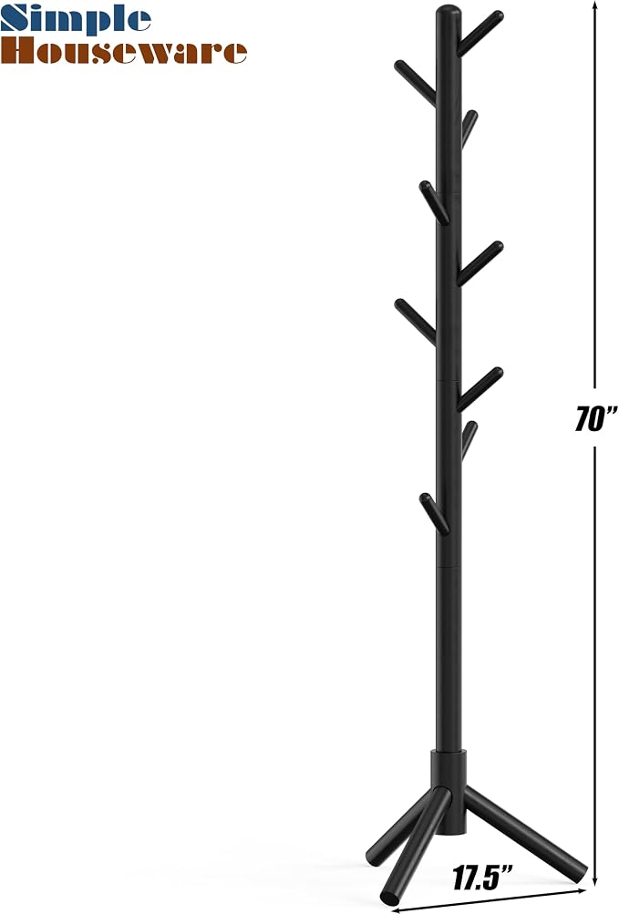 Simple Houseware Wooden Coat Rack Stand, Hall Tree with 9 Hooks, Black | Adjustable Tree Rack for Entryway, Hallway, Bedroom, Office