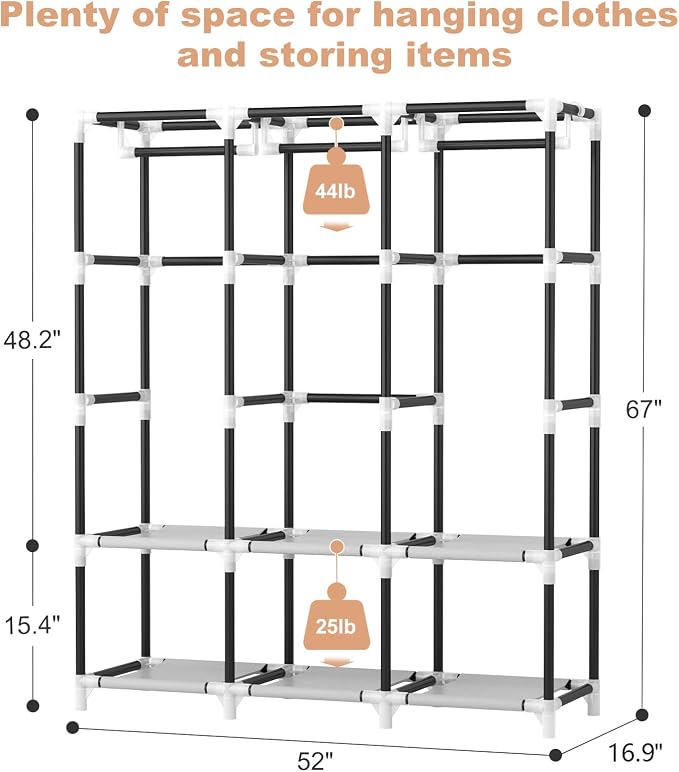 VTRIN Portable Closet Wardrobe for Hanging Clothes Closet with Cover, 3 Hanging rods, 6 Storage Shelves and Side Pocket, Diameter 19mm Metal Pipe, Sturdy Free Standing Closet for Bedroom, White