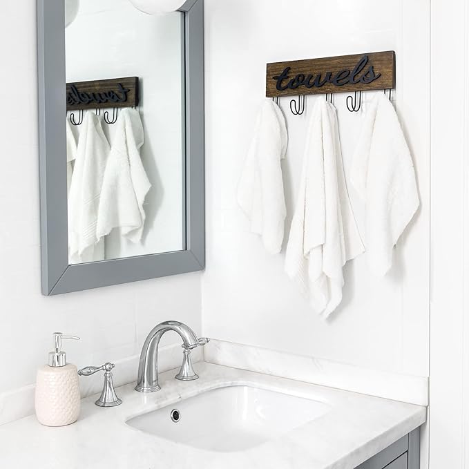 Mkono Wall Mounted Towel Rack, 5 Hooks Rustic Wood Bathroom Towel Hanger | Farmhouse Decor, Space Saving, Decorative Letter Design, Easy Install, Sturdy, Hang Bathrobe clothes, Shower Accessories