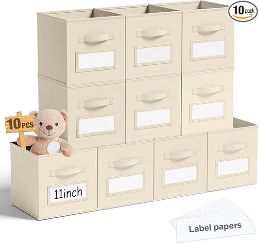 Teenyyou 10 Pack Fabric Storage Cubes 11 Inch Collapsible Cube Bins with Label Window & Handle Foldable Organizers Baskets for Shelf Closet Nursery Kids Room Clothes Book Toy(Beige)