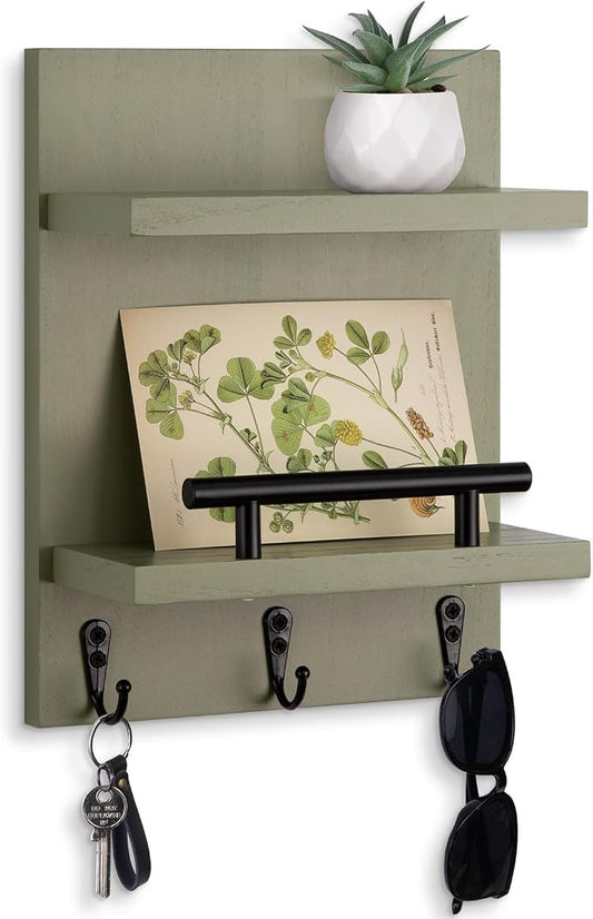 Key Holder Wall Mount, Mail Shelf Decor with 3 Key Hooks, Versatile Wood Wall Organizer for Entryway Hallway (8.2” x 10.6”x 3.6”) (Sage Green)