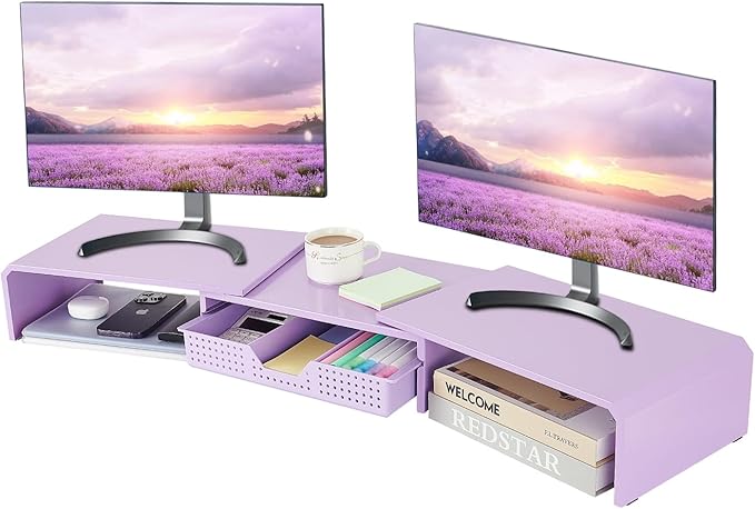 LEKETREE Dual Monitor Stand Riser with Drawer, Desk Organizer and Accessories, Metal Laptop Stand for Desk, Workspace Desktop Stand for Computer, Laptop, TV and More (Purple)