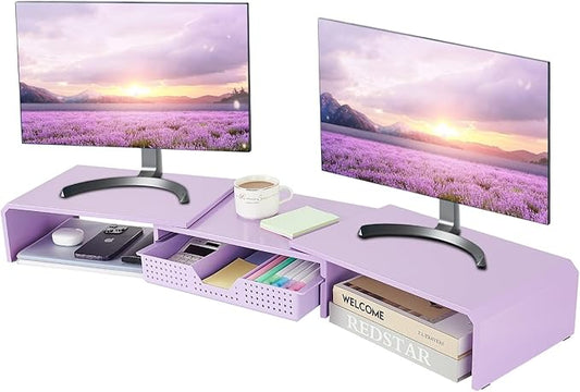 LEKETREE Dual Monitor Stand Riser with Drawer, Desk Organizer and Accessories, Metal Laptop Stand for Desk, Workspace Desktop Stand for Computer, Laptop, TV and More (Purple)