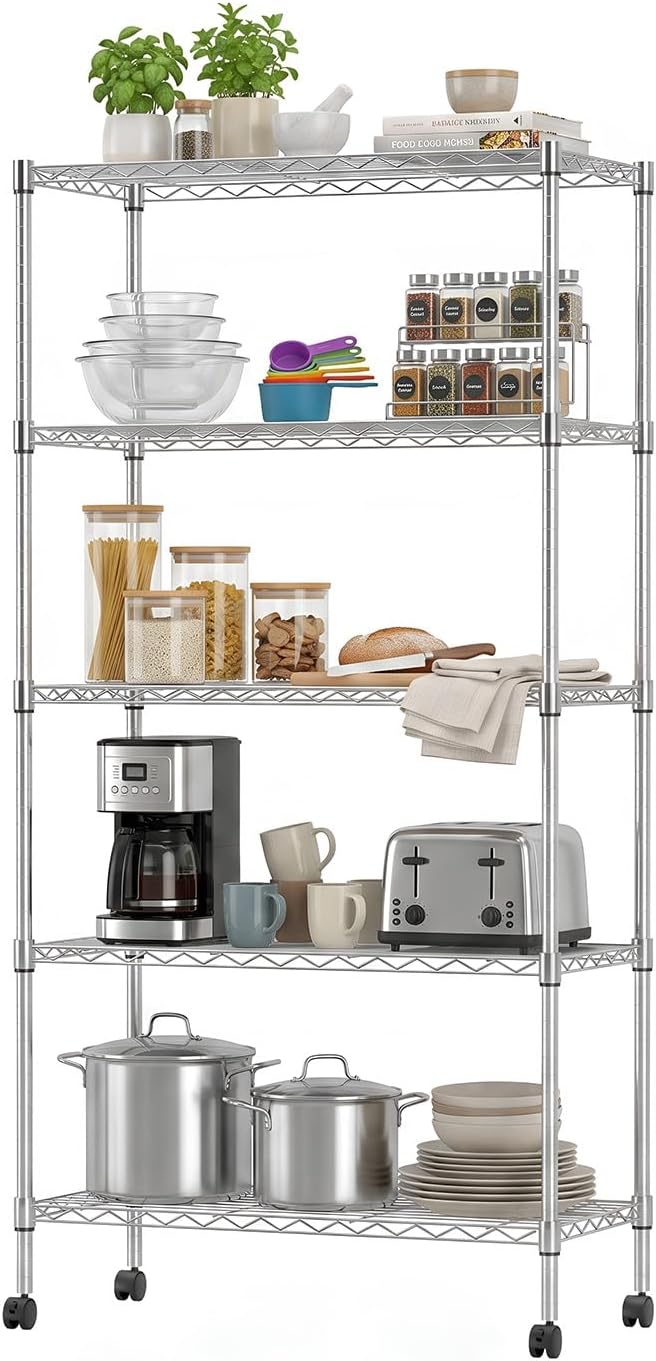 BestOffice | 5-Tier Wire Shelf with Wheels | 14" x 30" x 60" | Chrome | Storage Shelves with Adjustable Racks, Holds upto 220 lbs | Rust-Resistant, No-Tool Assembly | For Home, Garage