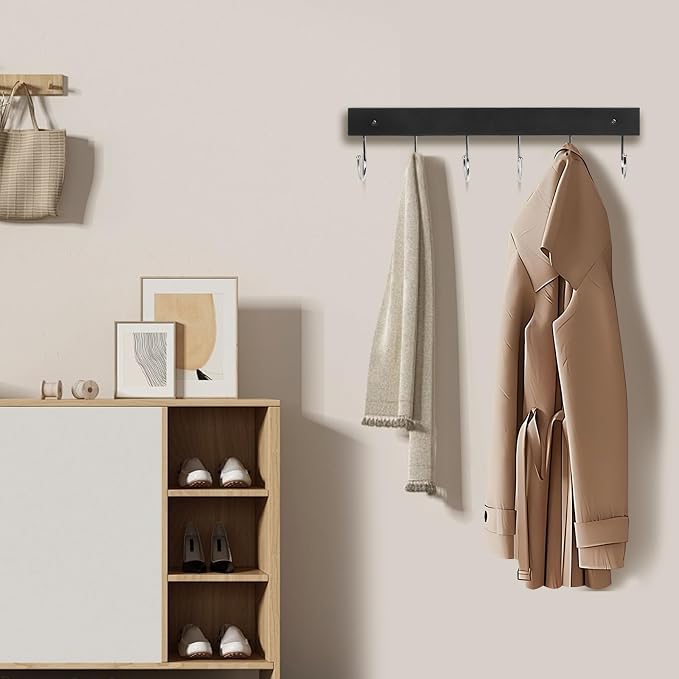 2-Pack Coat Rack Wall Mount, 14.6" Wooden Wall Hooks, 12 Rotating Hooks | Wooden coat rack; for coats, purses, hats, jackets, towels; space-saving entryway, hall & apartment storage, Black
