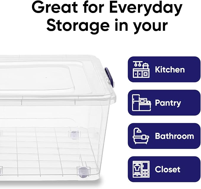 Superio Clear Storage Bin with Lid, Large Stackable Container with Lid, 60 Quart Wheeled Storage Box for Home, Garage, Storage