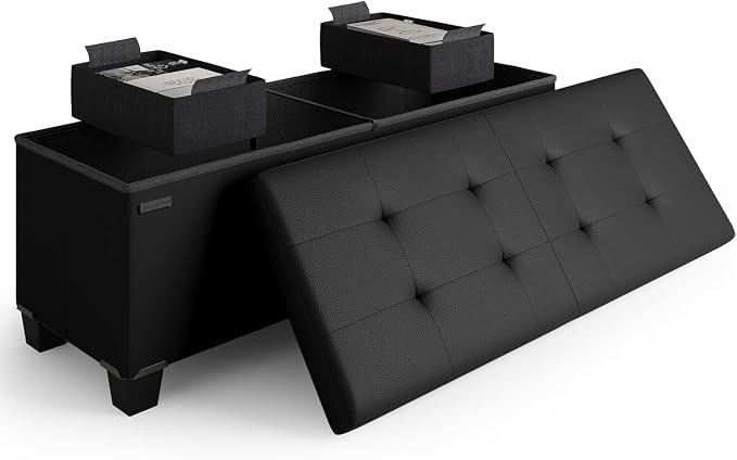 Storage Ottoman Bench with Bins, 43-in Storage Bench for Bedroom End of Bed, Folding Foot Rest Ottoman for Living Room Max 660lbs, Faux Leather Ottomans, Black